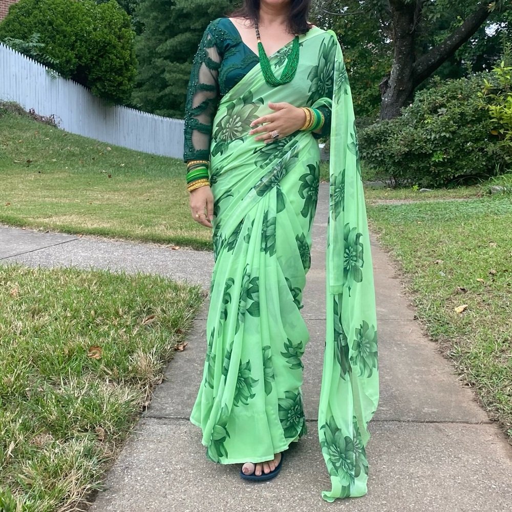 Green color flower printed saree